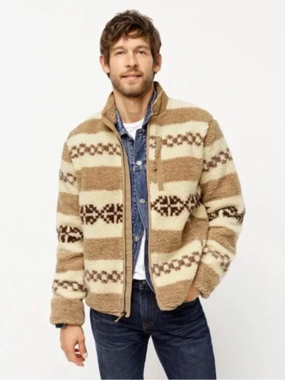 J. Crew Men's Cream and Brown Striped Sherpa Zip-Up Jacket